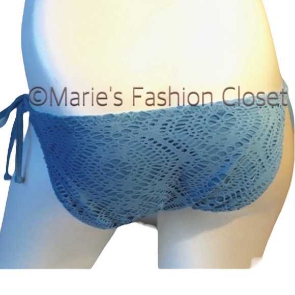 Becca Bohemian Crochet Overlay Light Blue Side Tie Swim Bikini Bottom - Picture 2 of 2